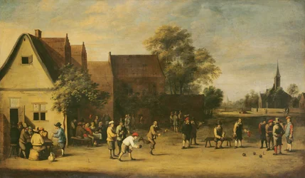 Joueurs de boules sur un green de village